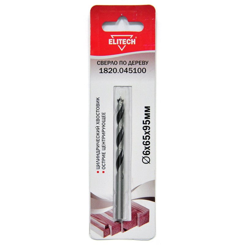 Сверло по дереву (цилиндрический хвостовик, острие центрирующие) Elitech 1820.045100