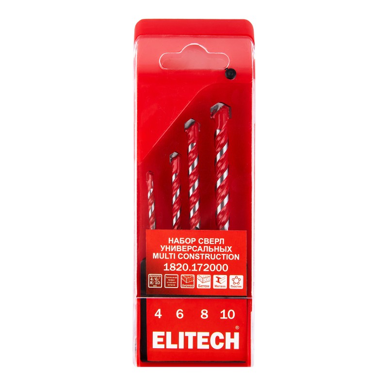 Набор сверл универсальных Multi Construction ф4, 6, 8, 10 Elitech 1820.172000