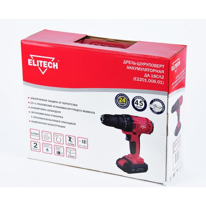 Аккумуляторная дрель-шуруповерт Elitech ДА 18СЛ2 (Е2201.006.01)